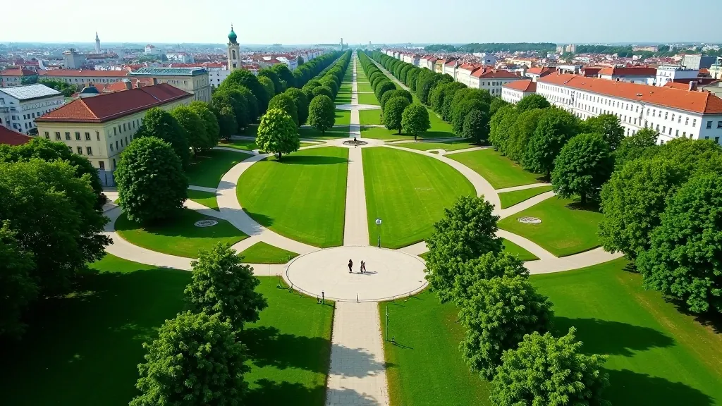 Aerial view of a historic city park with winding pathways between trees, modern urban buildings visible at edges