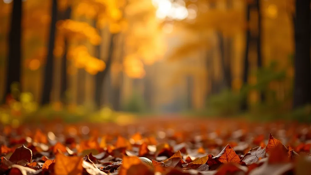 Golden autumn forest with fallen leaves covering the ground and warm sunlight through colorful tree canopy