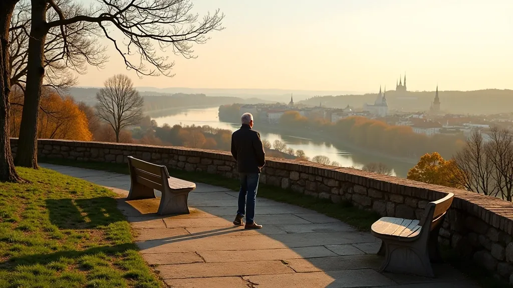 Panoramic city view from elevated hilltop park with historic wooden structures and surrounding Riga cityscape
