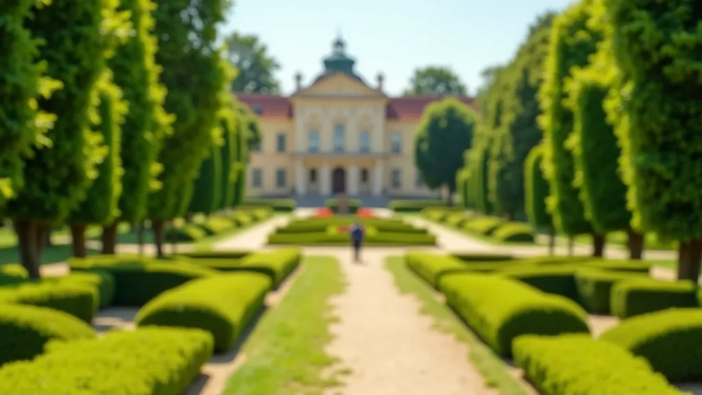 Manicured Baroque palace gardens with symmetrical hedges, fountains, and grand architectural backdrop in afternoon light