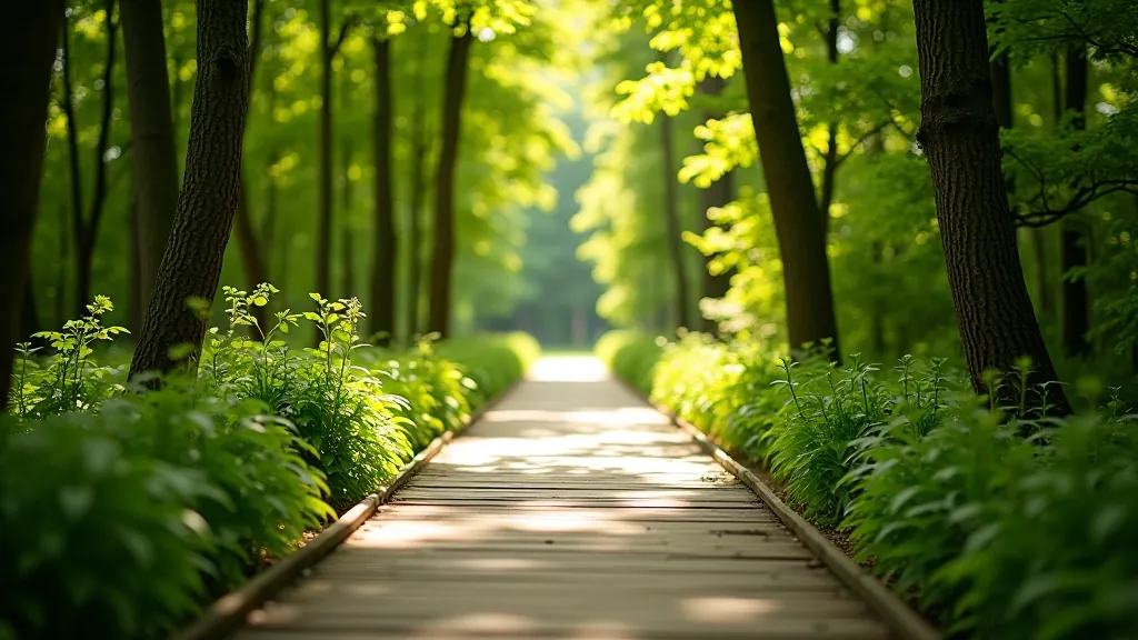 Wooden boardwalk pathway winding through natural forest with green trees on both sides