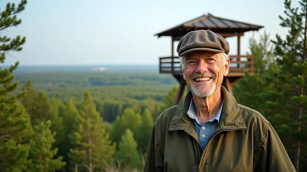 Wooden observation tower in forest clearing with dense tree canopy surrounding and natural wildlife habitat vista