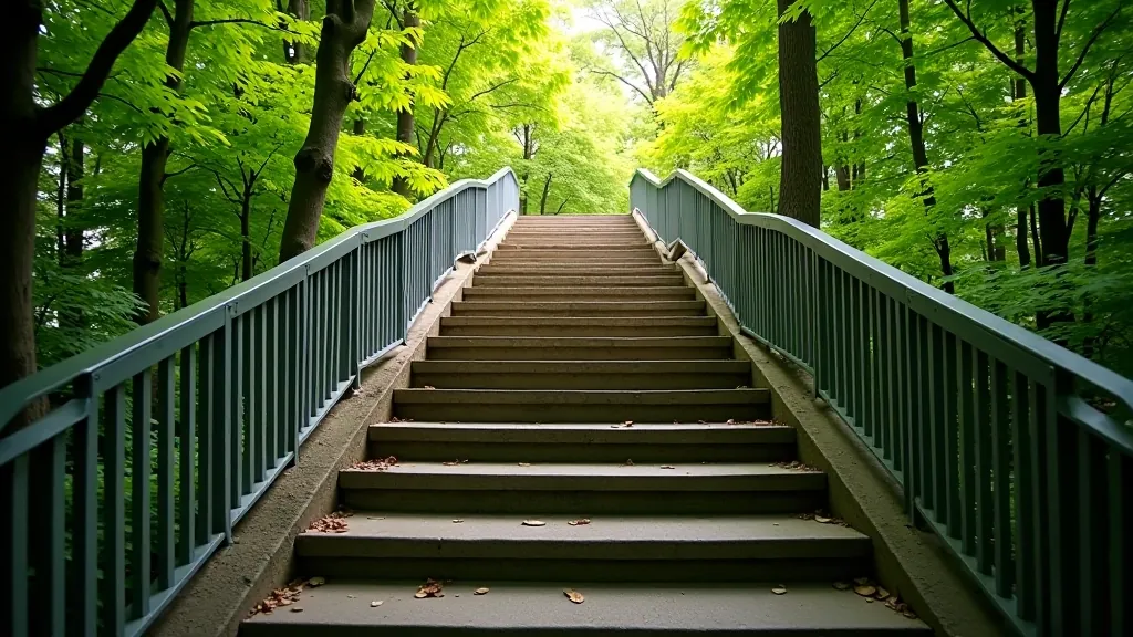 Wide stone staircase with sturdy metal railings ascending through green trees, bright daylight filtering through foliage