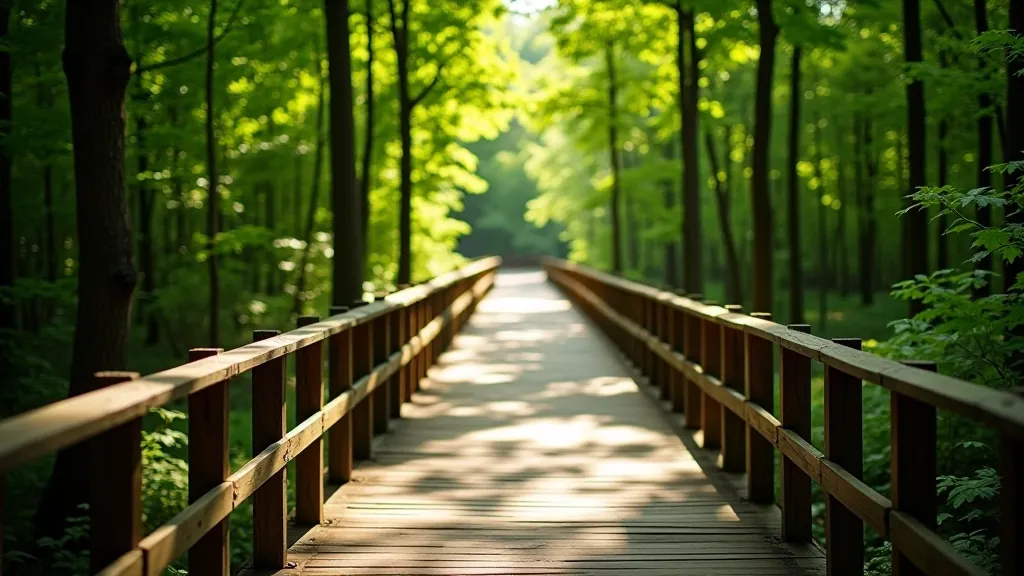 Peaceful forest boardwalk path winding through dense green trees with wooden railings on both sides, dappled sunlight filtering through canopy