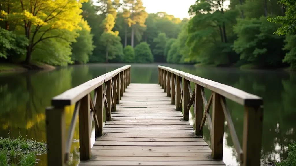 Wooden bridge over tranquil pond with water lilies and forest reflection in still water